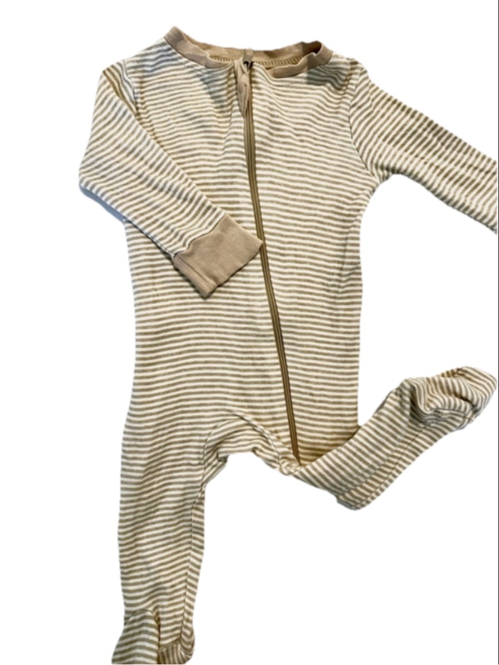 Organic Cotton Beige and White Striped Zip-Front Footie